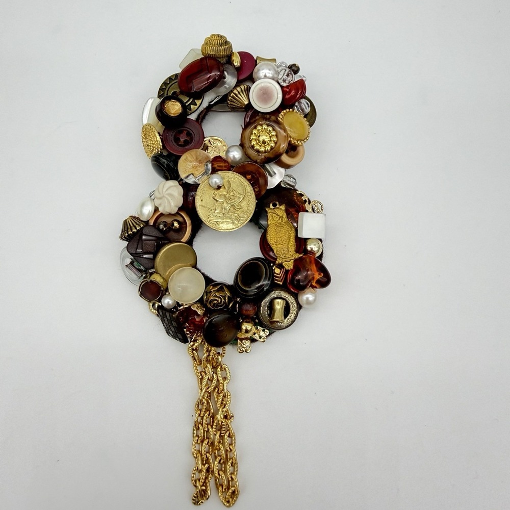 Vtg Hand Made Button Collage Art Pin Brooch Big Large Tassel Coin 8 Shape